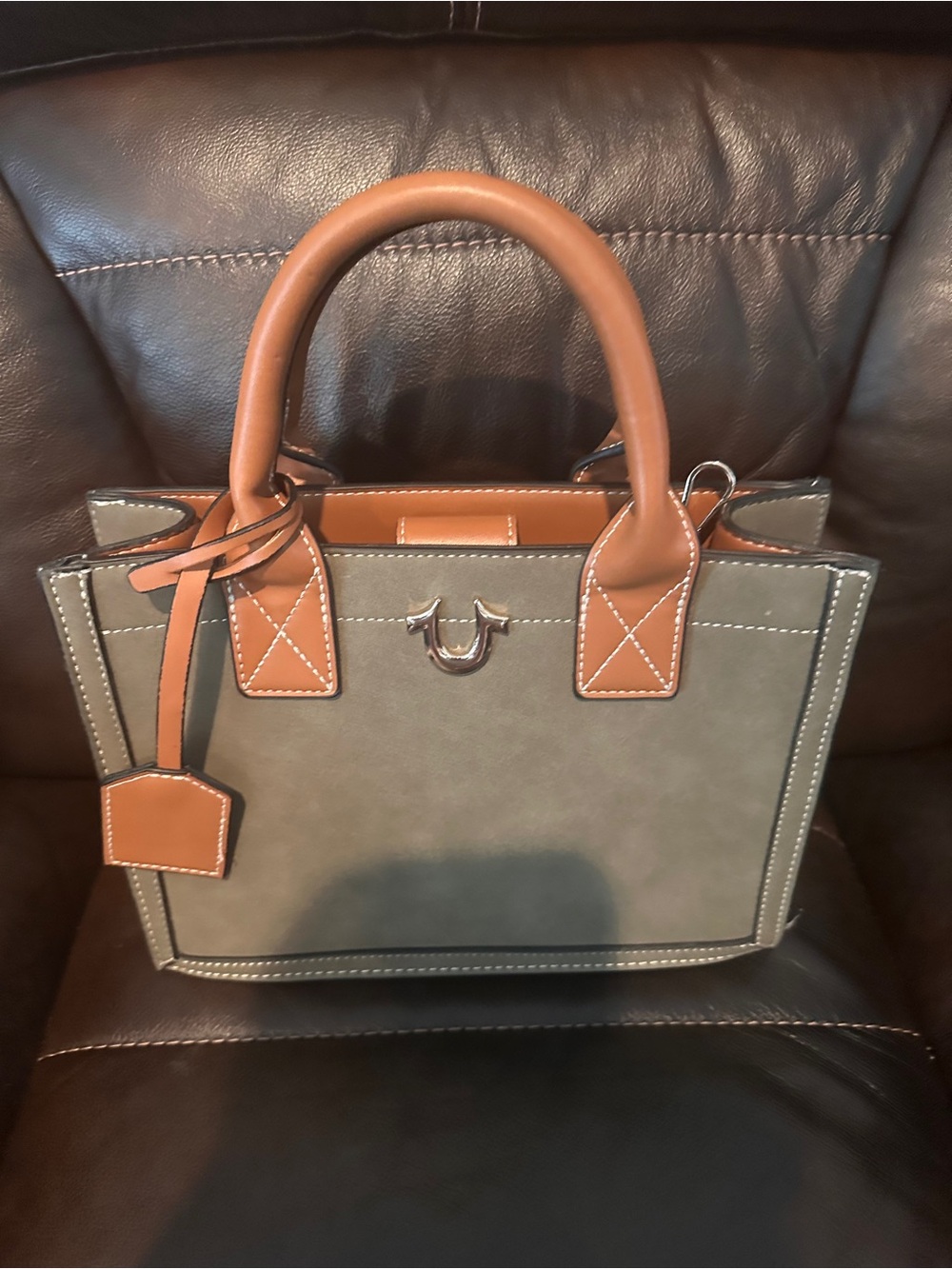 True Religion Olive Suede Crossbody Tote with Tan Leather Trim